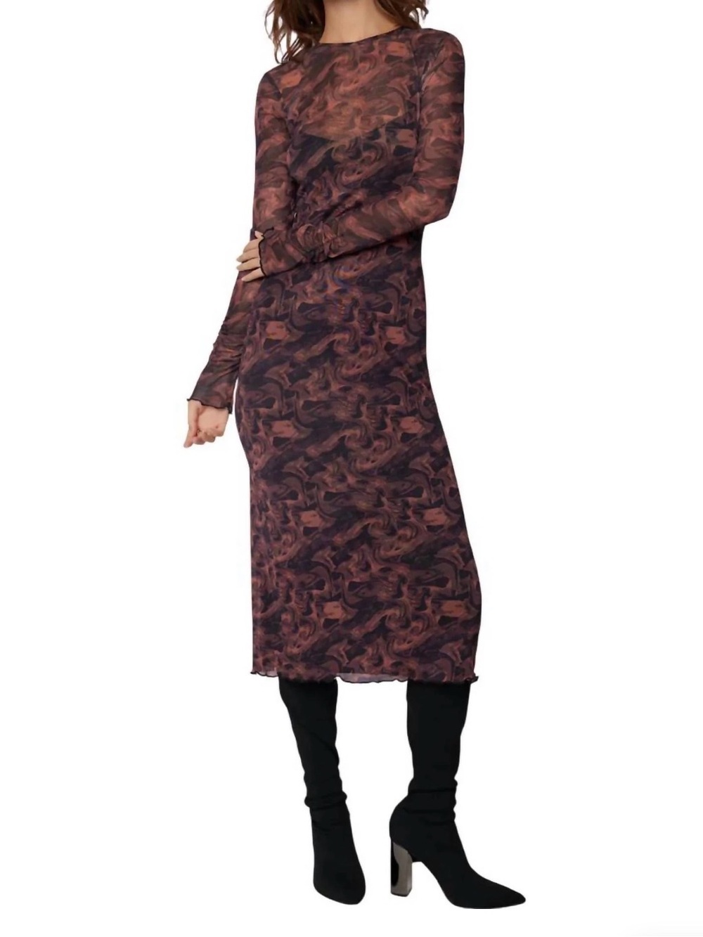 Lost + Wander Contessa Long-Sleeve Marble-Print Midi Dress in Brown and Black